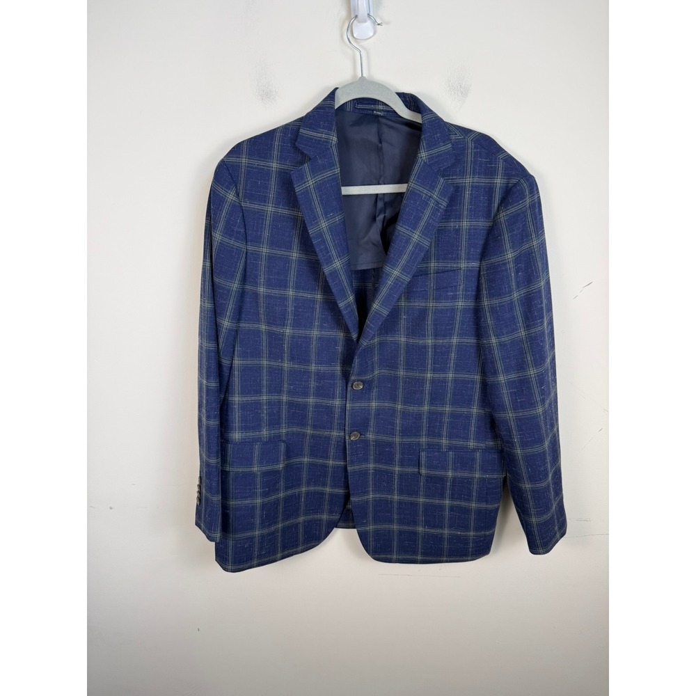 Jos. A. Bank Mens 42R Blue Windowpane Plaid Wool Linen Blend Sport Coat Blazer